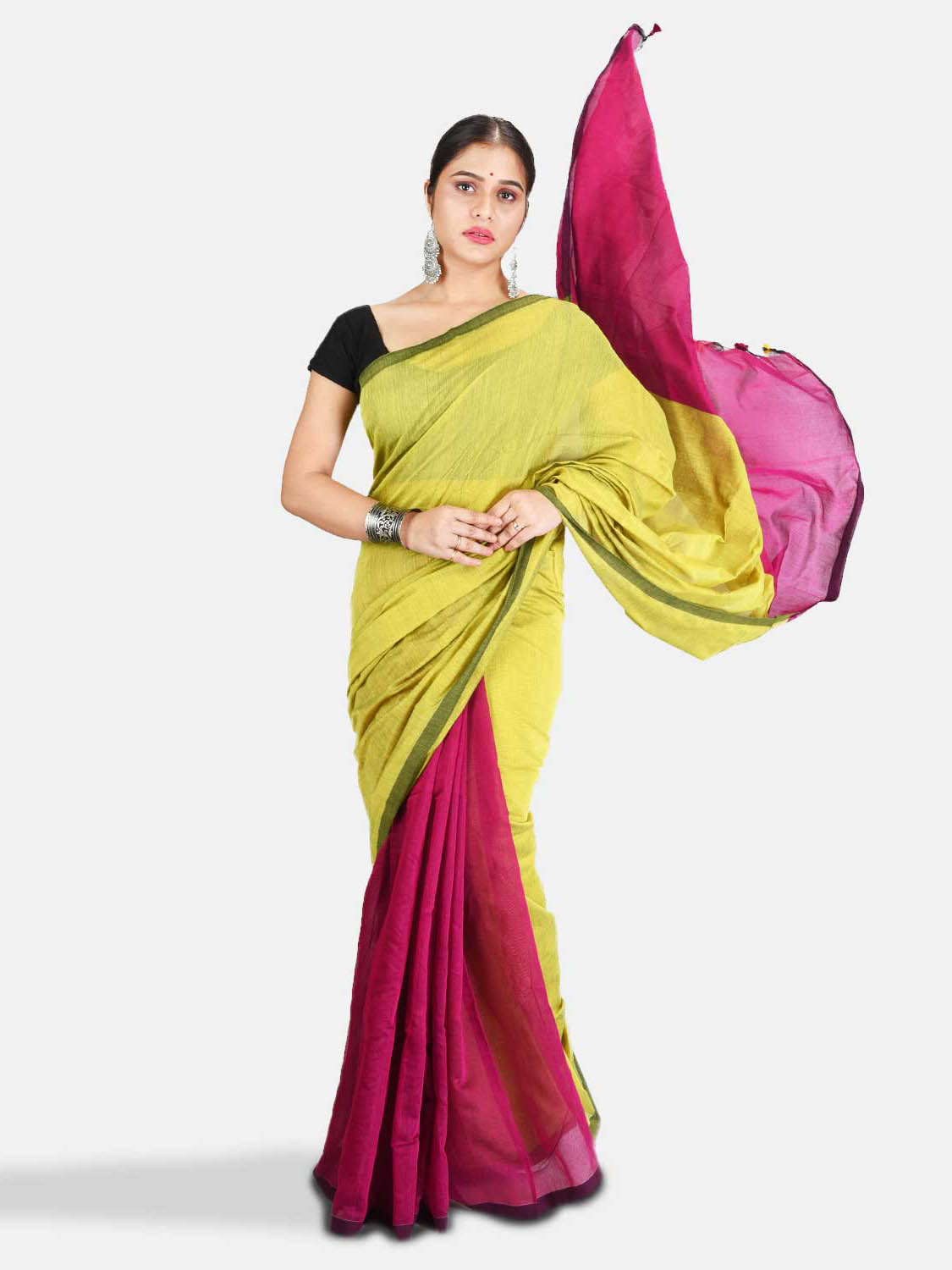 DESH BIDESH Women`s Cotton Silk and Bengal Soft Khadi Cotton Mix Ghicha Handloom Saree With Blouse Piece (Light Yellow Green Pink)